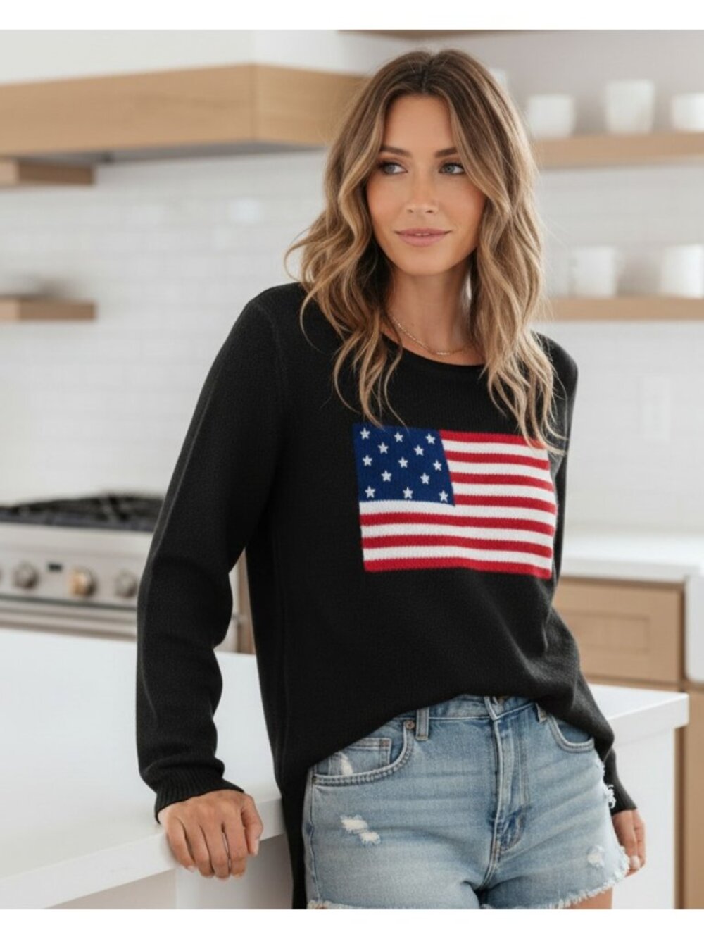 American Flag Lightweight Knit Patriotic Round Neck Top Pullover USA Sweater